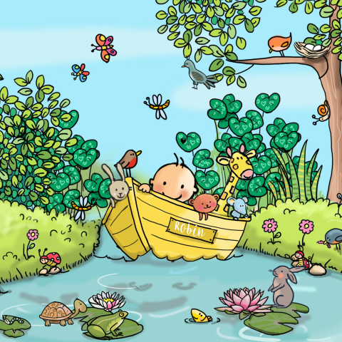 Geboortekaartje jongen baby in bootje met landschap