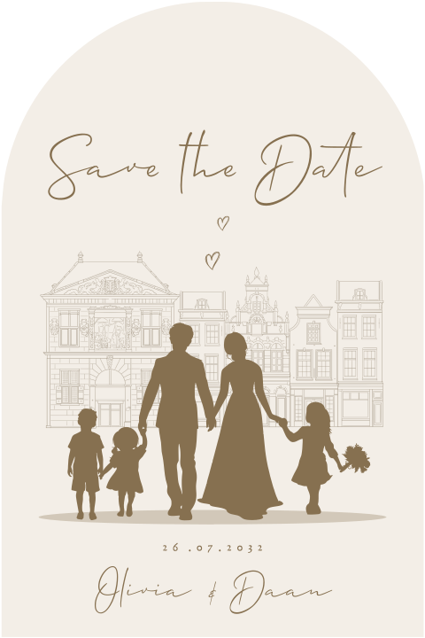 Save the date hand in hand met kinderen en boeket