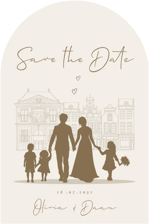 Save the date hand in hand met kinderen en boeket