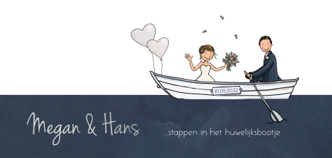 Trouwkaart huwelijksbootje wit bruidspaar