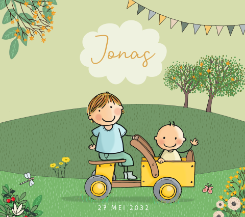 geboortekaartje broertje met baby jongen houtenbakfiets