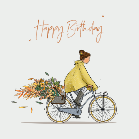 Verjaardagskaart fietsende vrouw regenjas met veel bloemen