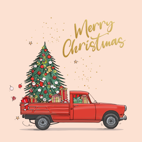 Kerstkaart rode pickup met kerstboom en pakjes