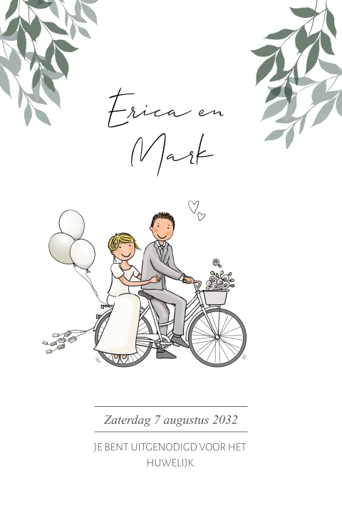 Trouwkaart bruidspaar fiets takjes ballonnen
