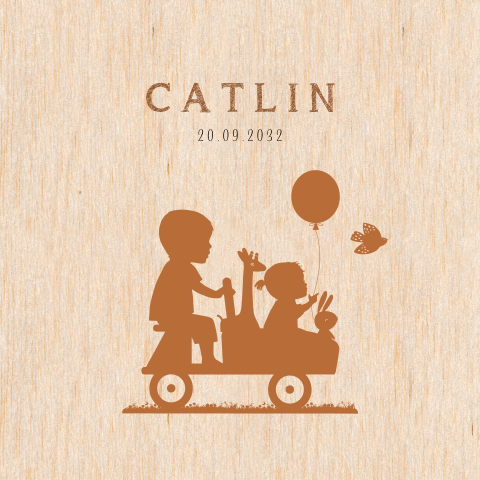 Vierkant hout geboortekaartje meisje in bakfiets