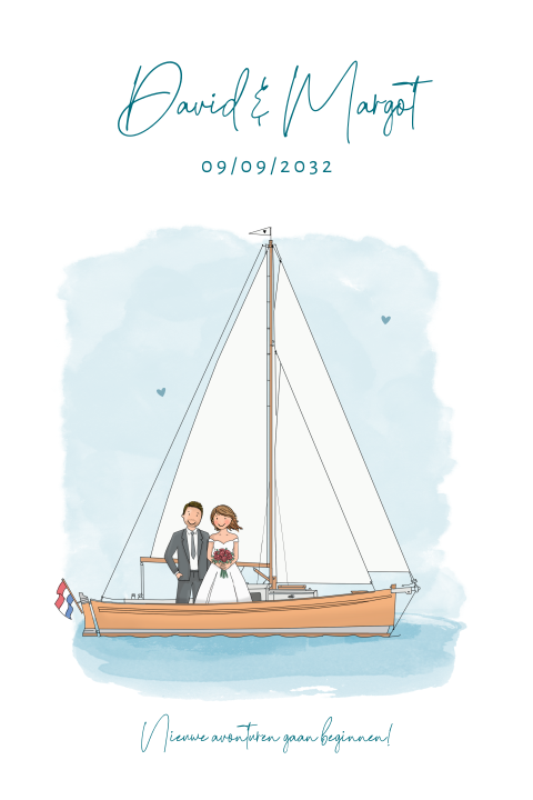 Golf trouwkaart bruidspaar met zeilboot van hout