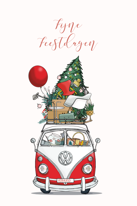Kerstverhuiskaart vwbusje met verhuisspullen