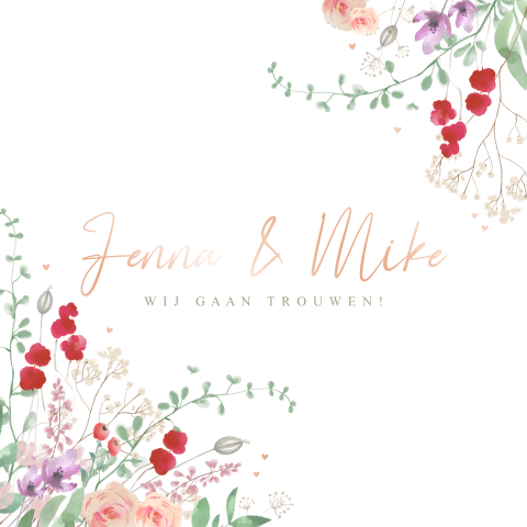 Trouwkaart veldbloemen en takjes folie