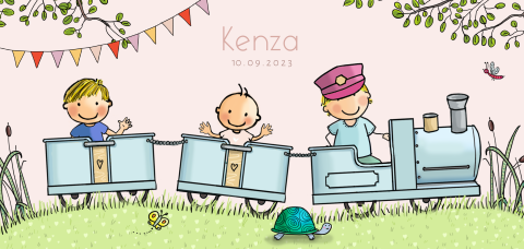 Geboortekaartje meisje met broertjes in treintje
