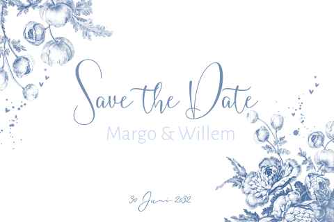 Save the date kaart delfts blauwe bloemen en hartjes