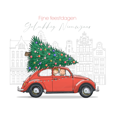 Kerstkaart kever rood rood met familie en hond
