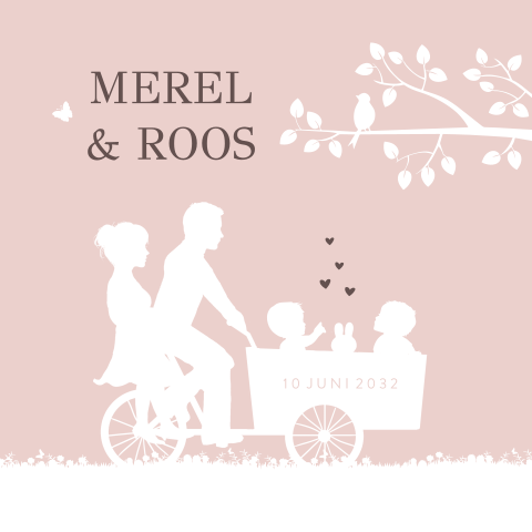Geboortekaartje tweeling meisjes met ouders in bakfiets