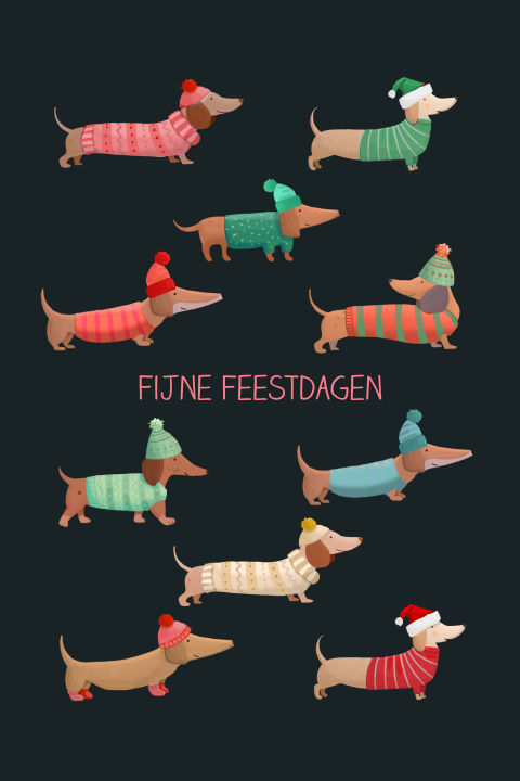 Kerstkaart teckels in winterkleding