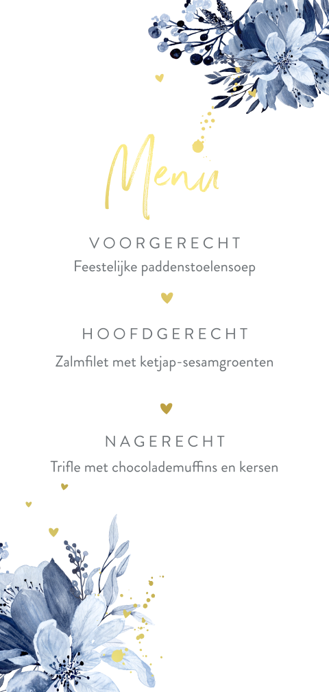 Menukaart met delftblauwe bloemen en goudfolie