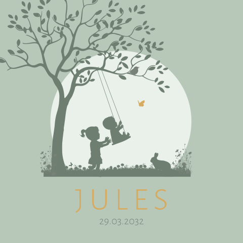 Poster jongen zusje op schommel boom diertjes