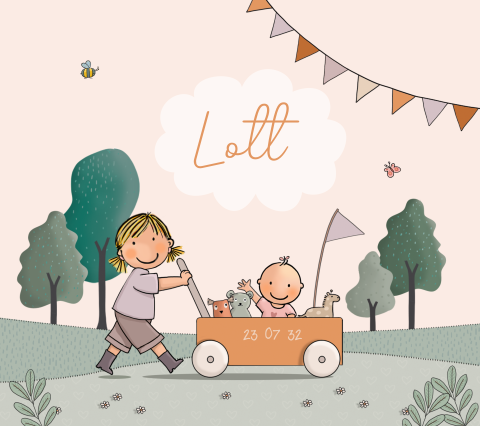 geboortekaartje zusje met baby meisje oranje kar