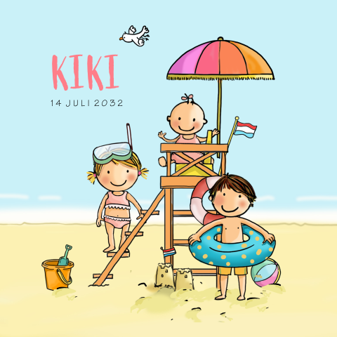 Geboortekaartje meisje strand uitkijkstoel zusje en broer