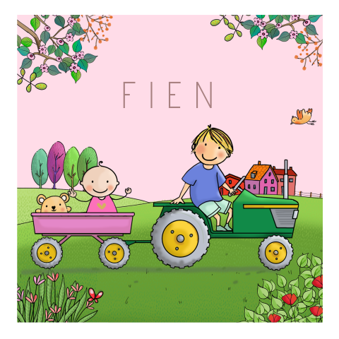 Poster meisje tractor broer groen lichtroze aanhangwagen