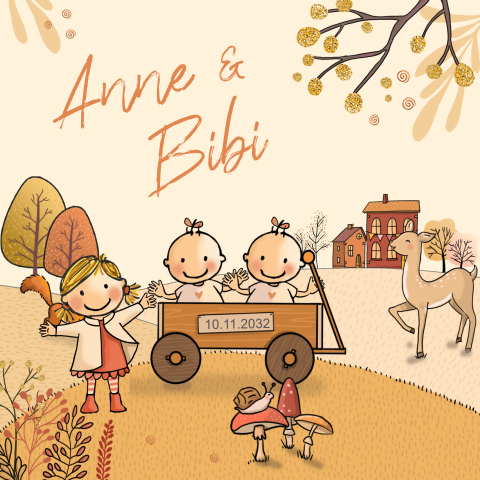 Geboortekaartje tweeling met zusje herfst ree eekhoorn egel