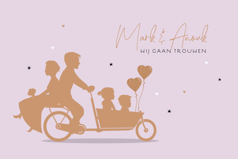 Trouwkaart bakfiets bruidspaar met kinderen