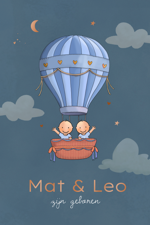 Geboortekaartje tweeling jongens in ballon blauw