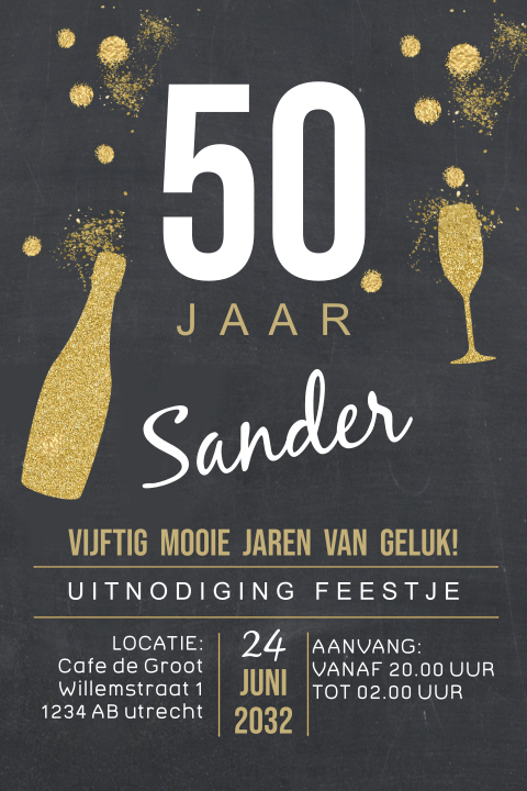 Uitnodiging champagne en glas en glitters