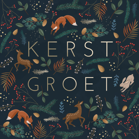 Kerstkaart donker bosdieren en takjes