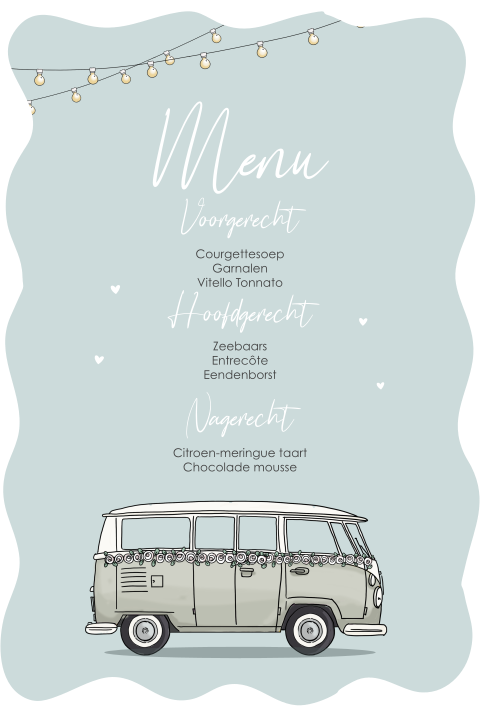 Menukaart blauw vw busje met hartjes en lichtjes