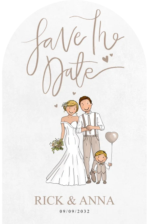 Unieke stans vorm save the date bruidspaar met kind
