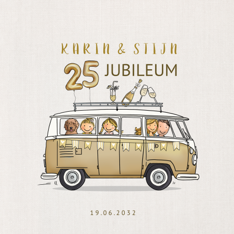 Uitnodiging jubileumkaart vwbusje goud met familie