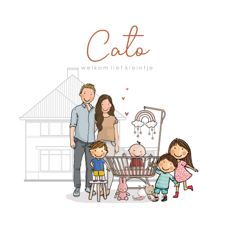 Geboortekaartje meisje rotan wiegje met ouders broertjes