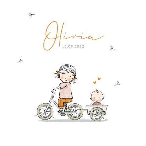 Geboortekaartje meisje fietsje met aanhanger zusje