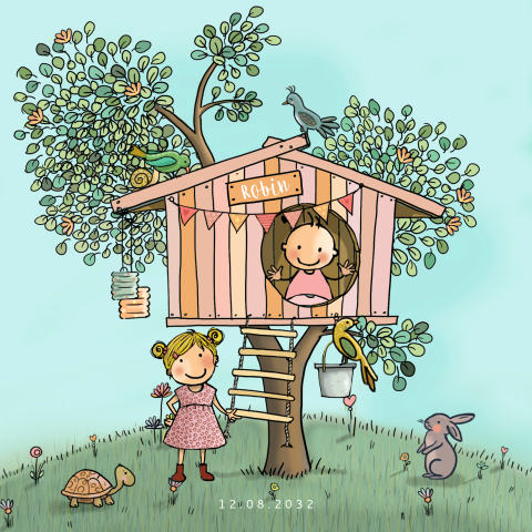 geboortekaartjes meisje met zusje boomhut met vogels