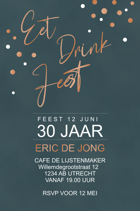 Uitnodiging koperfolie met glitters en teksten