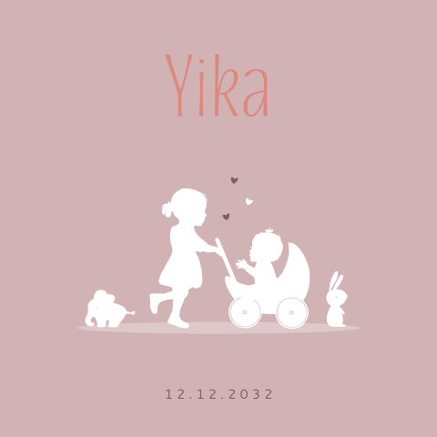 geboortekaartjessilhouette zus baby meisje kinderwagen knuffels