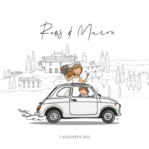 Trouwkaart Fiat 500 wit met toscane italie