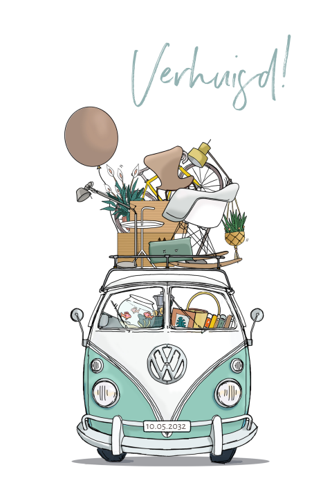 Verhuiskaart volkswagen t1 wit voorkant