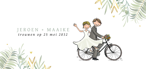 Trouwkaart lang dubbel fiets met takjes en hartjes