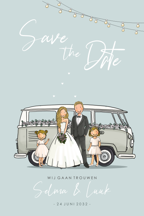 Savethedate vw busje met bruidspaar en kinderen