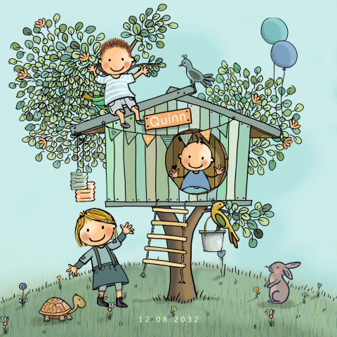 Geboortekaartje jongen met broertje en zusje boomhut met vogels