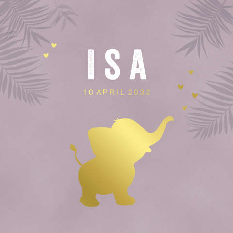 geboortekaartjes folie lila met olifant met hartjes