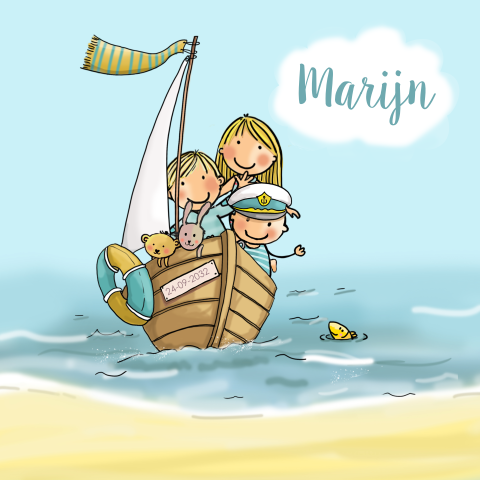 geboortekaartje jongen met zus broertje bootje met zee