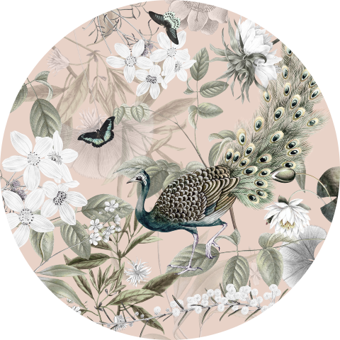 Behangcirkel pauw met bloemen roze achtergrond