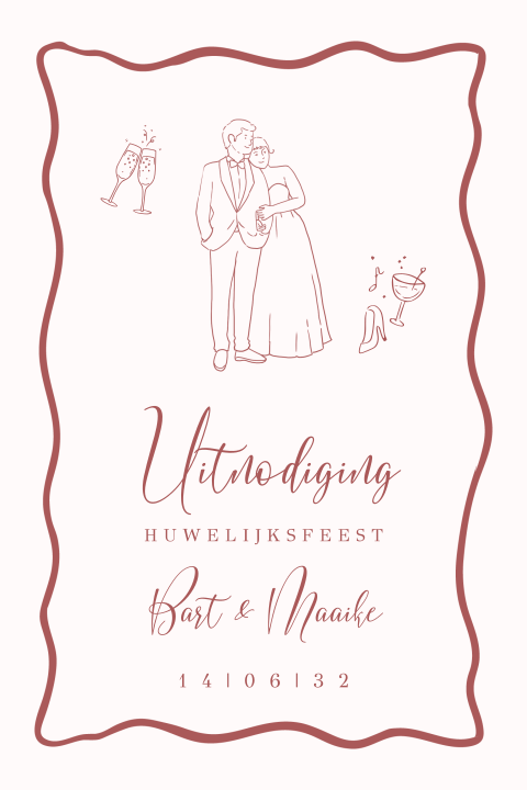 Trouwkaart golflijn met illustraties van bruidspaar