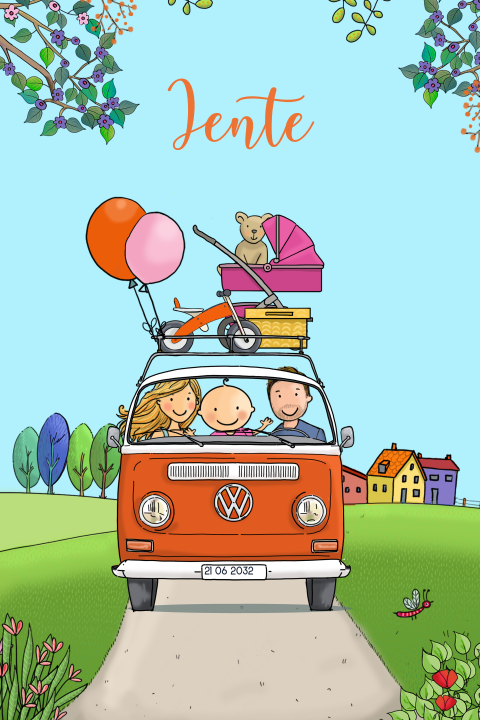 Geboortekaartje baby meisje voorkant busje oranje