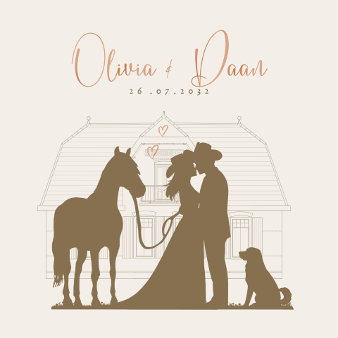 Trouwkaart silhouet bruidspaar met paard en hondje
