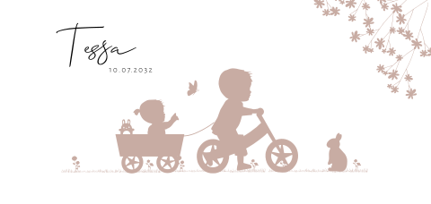 Geboortekaart silhouet meisje loopfiets broertje grijs