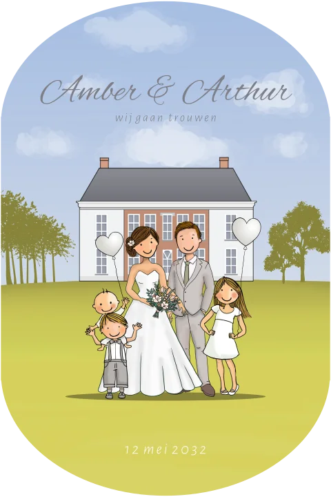 Trouwkaart stansvorm familie met kleurrijke achtergrond