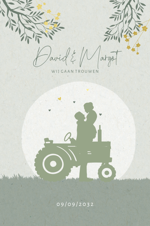 Trouwkaart silhouette bruidspaar met tractor en takjes