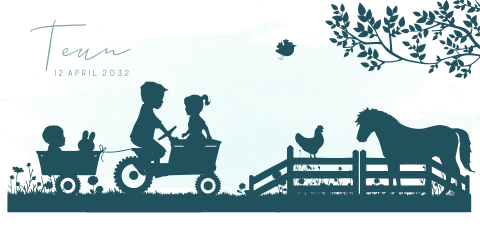 geboortekaartjes silhouette tractor met broer zusje en baby jongen hek